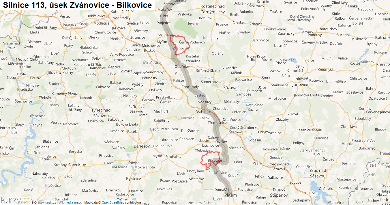 Úsek Zvánovice - Bílkovice, Silnice 113 - Mapa