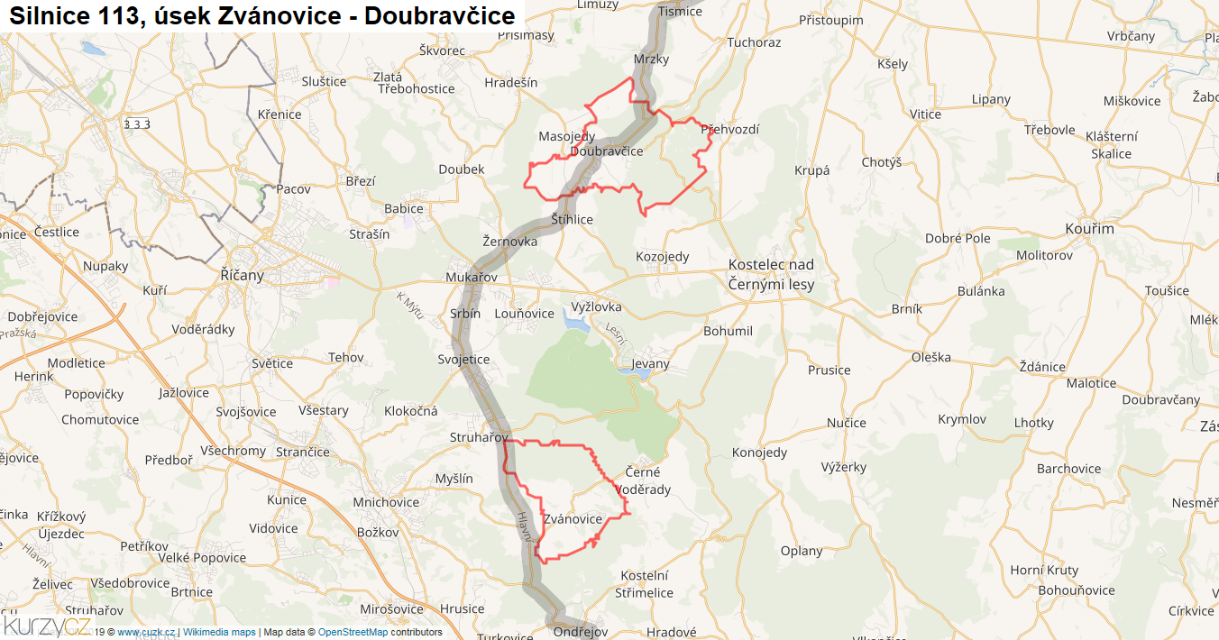 Úsek Zvánovice - Doubravčice, Silnice 113 - Mapa