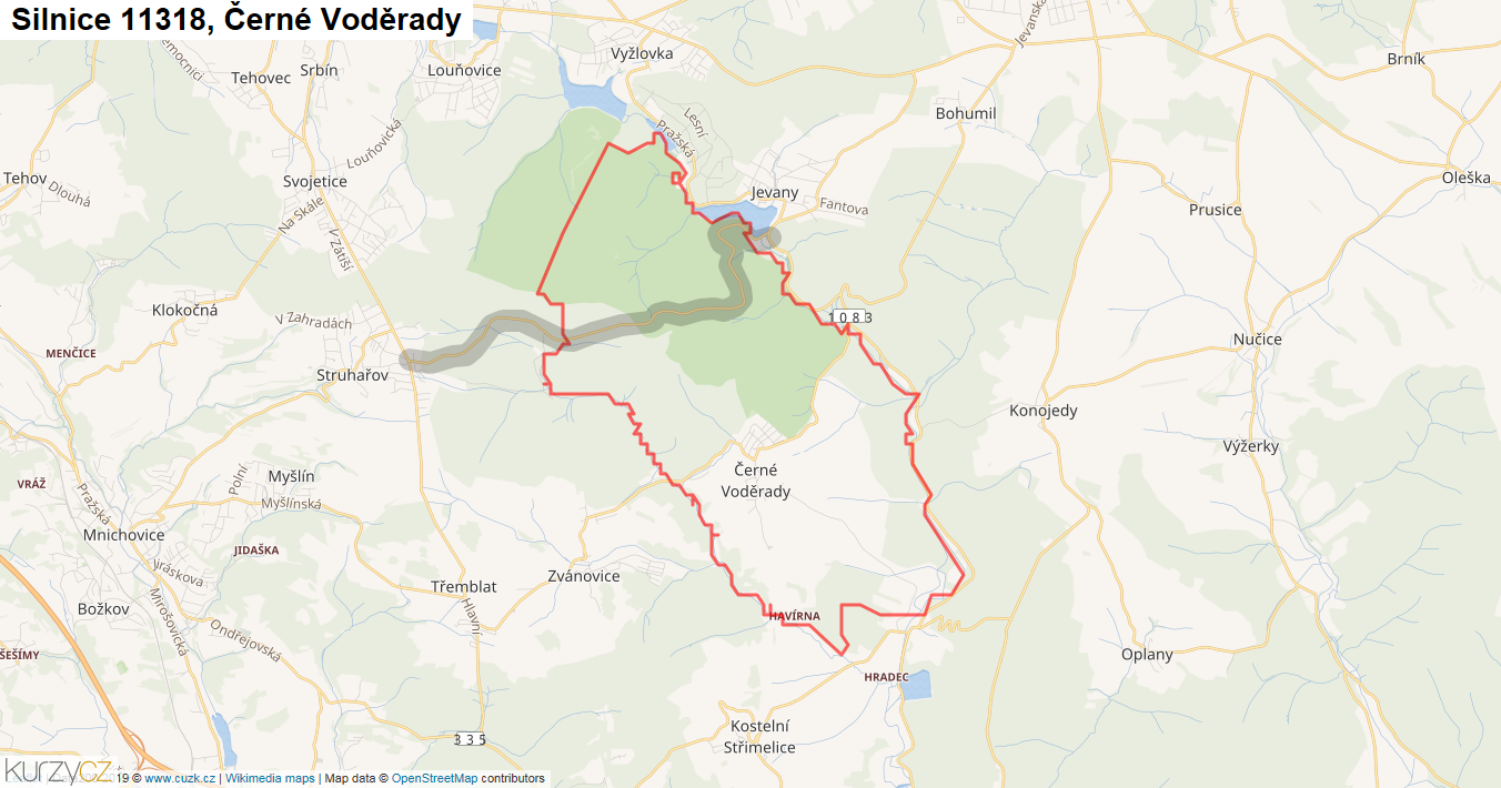Černé Voděrady, Silnice 11318 - Mapa