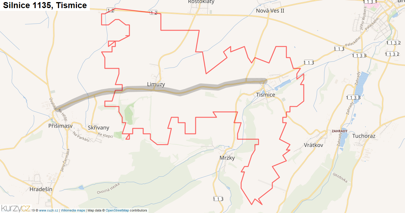 Tismice, Silnice 1135 - Mapa