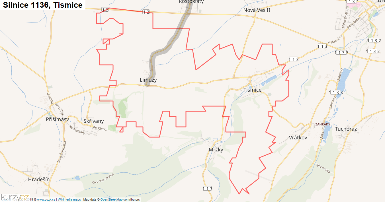 Tismice, Silnice 1136 - Mapa