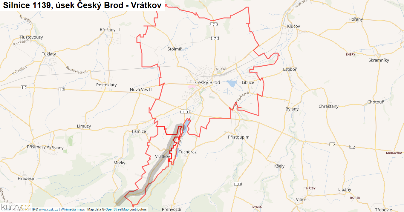 Úsek Český Brod - Vrátkov, Silnice 1139 - Mapa