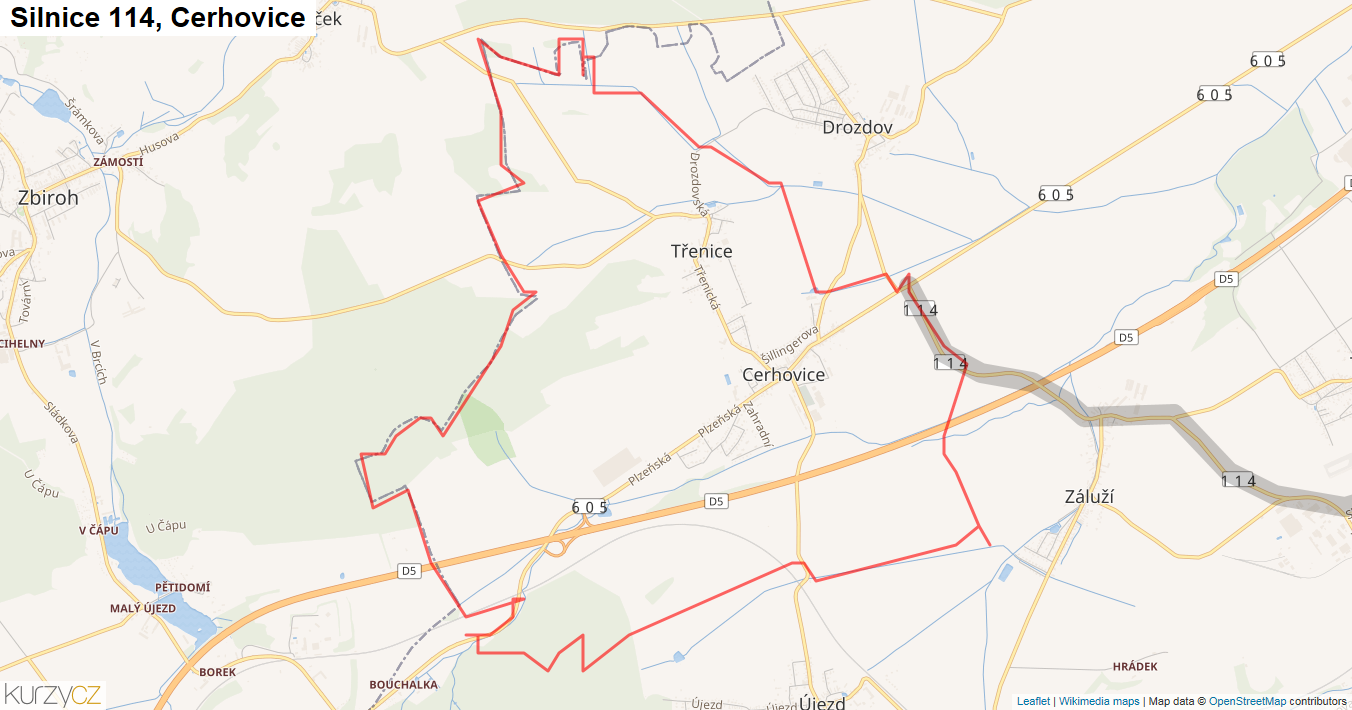 Cerhovice, Silnice 114 - Mapa