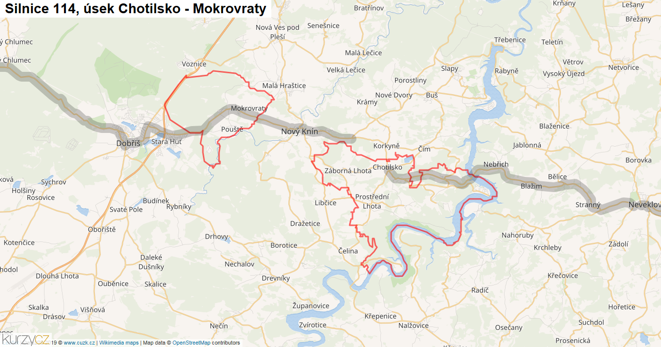 Úsek Chotilsko - Mokrovraty, Silnice 114 - Mapa