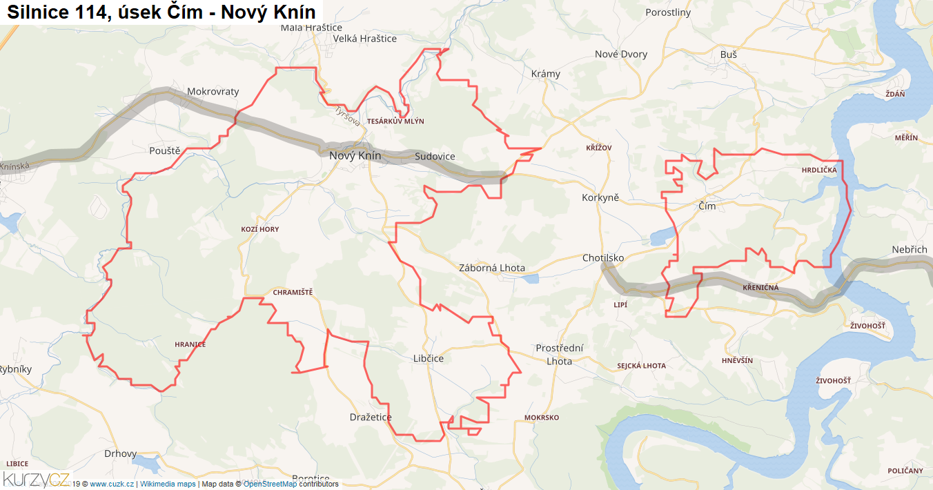 Úsek Čím - Nový Knín, Silnice 114 - Mapa