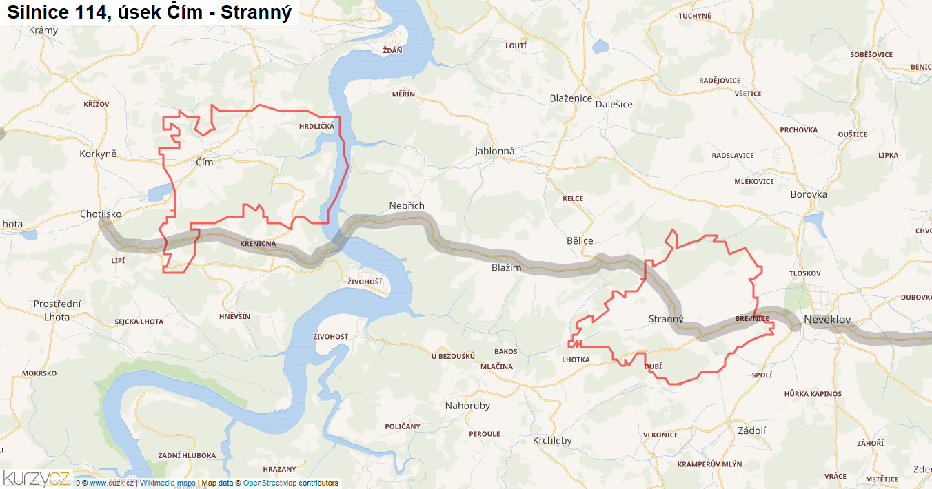 Úsek Čím - Stranný, Silnice 114 - Mapa