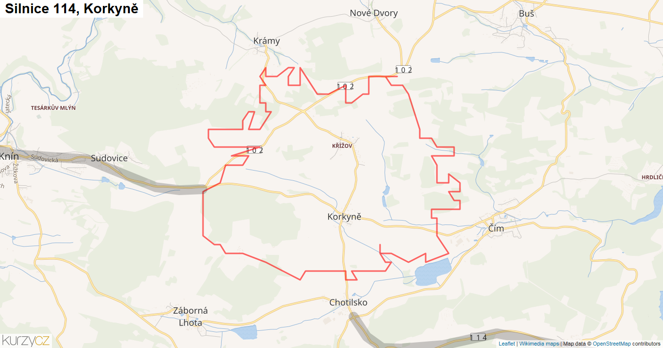 Korkyně, Silnice 114 - Mapa