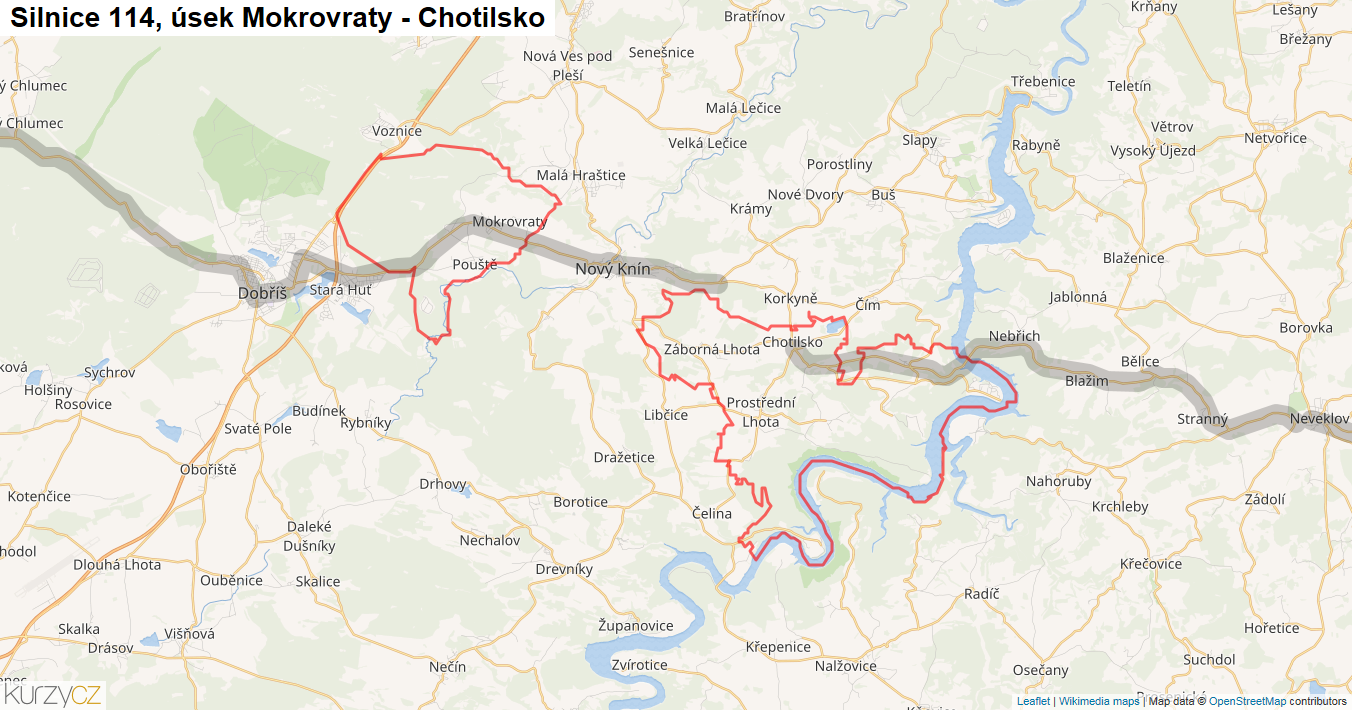 Úsek Mokrovraty - Chotilsko, Silnice 114 - Mapa