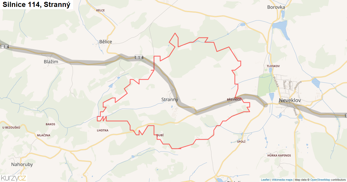 Stranný, Silnice 114 - Mapa
