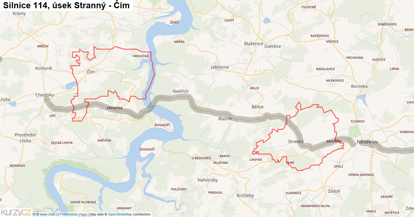 Úsek Stranný - Čím, Silnice 114 - Mapa