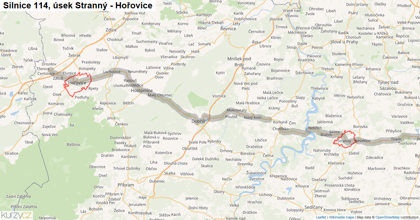 Úsek Stranný - Hořovice, Silnice 114 - Mapa