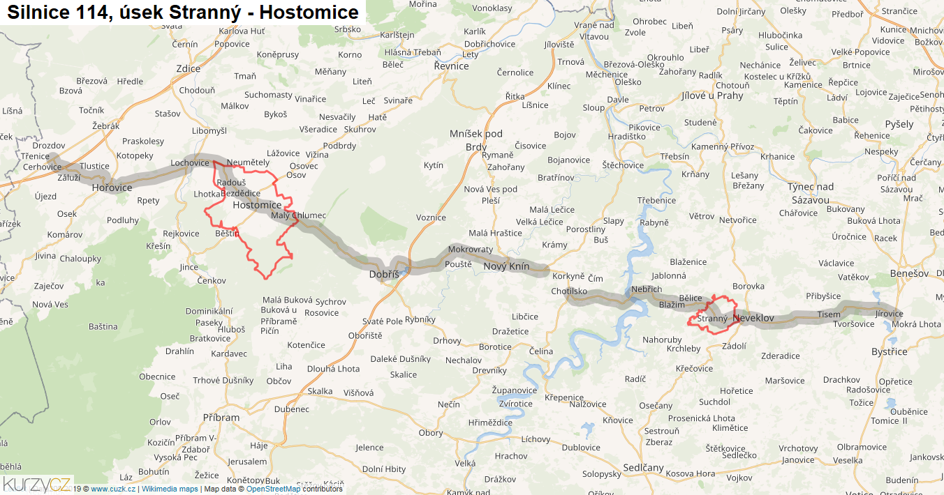Úsek Stranný - Hostomice, Silnice 114 - Mapa