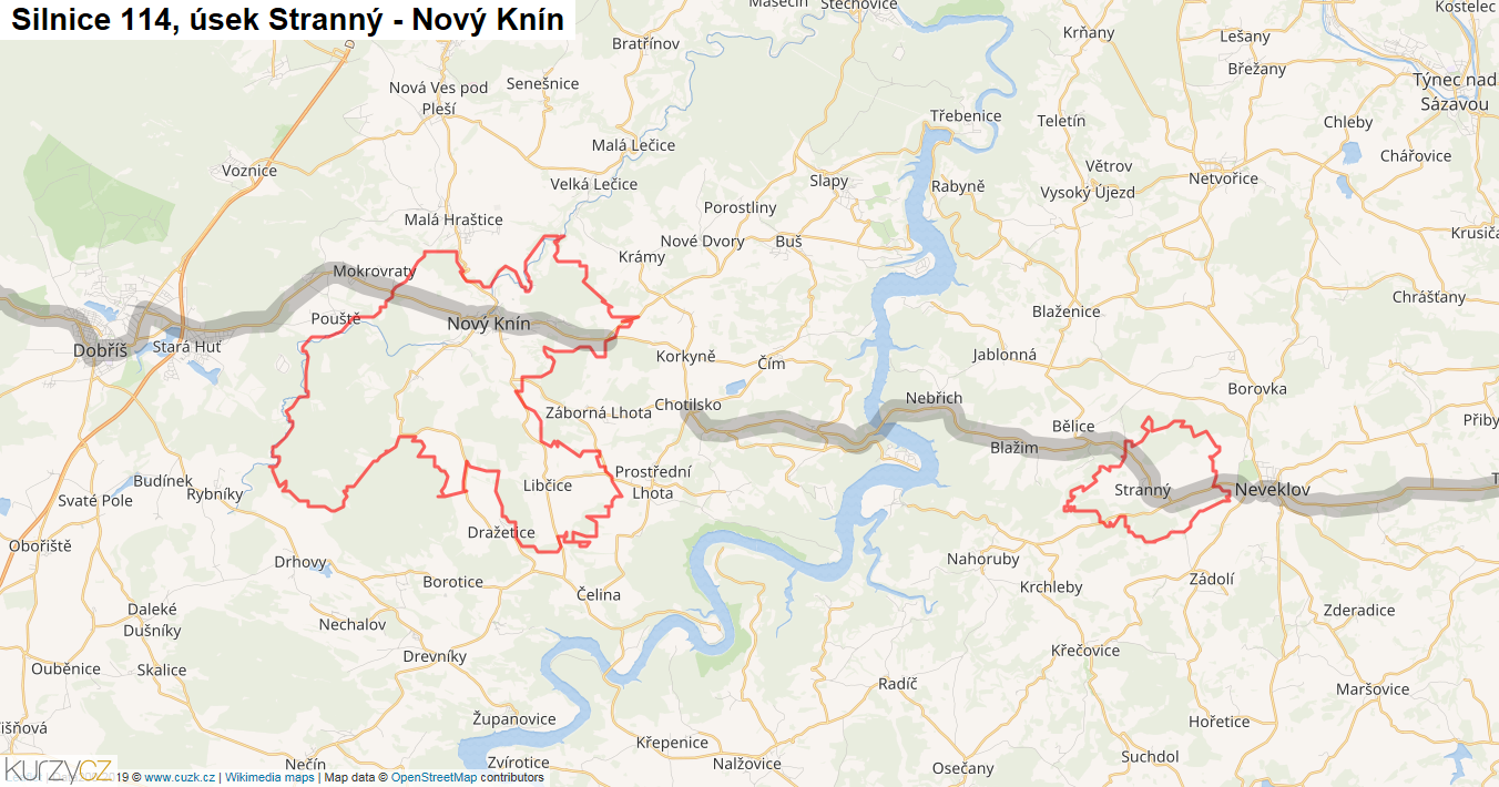 Úsek Stranný - Nový Knín, Silnice 114 - Mapa