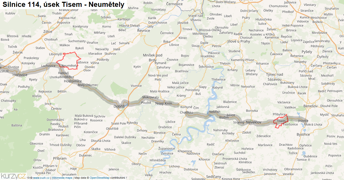 Úsek Tisem - Neumětely, Silnice 114 - Mapa