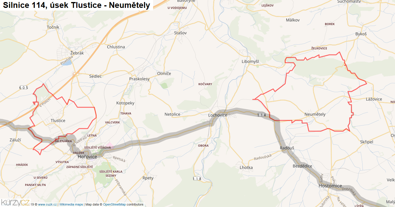 Úsek Tlustice - Neumětely, Silnice 114 - Mapa