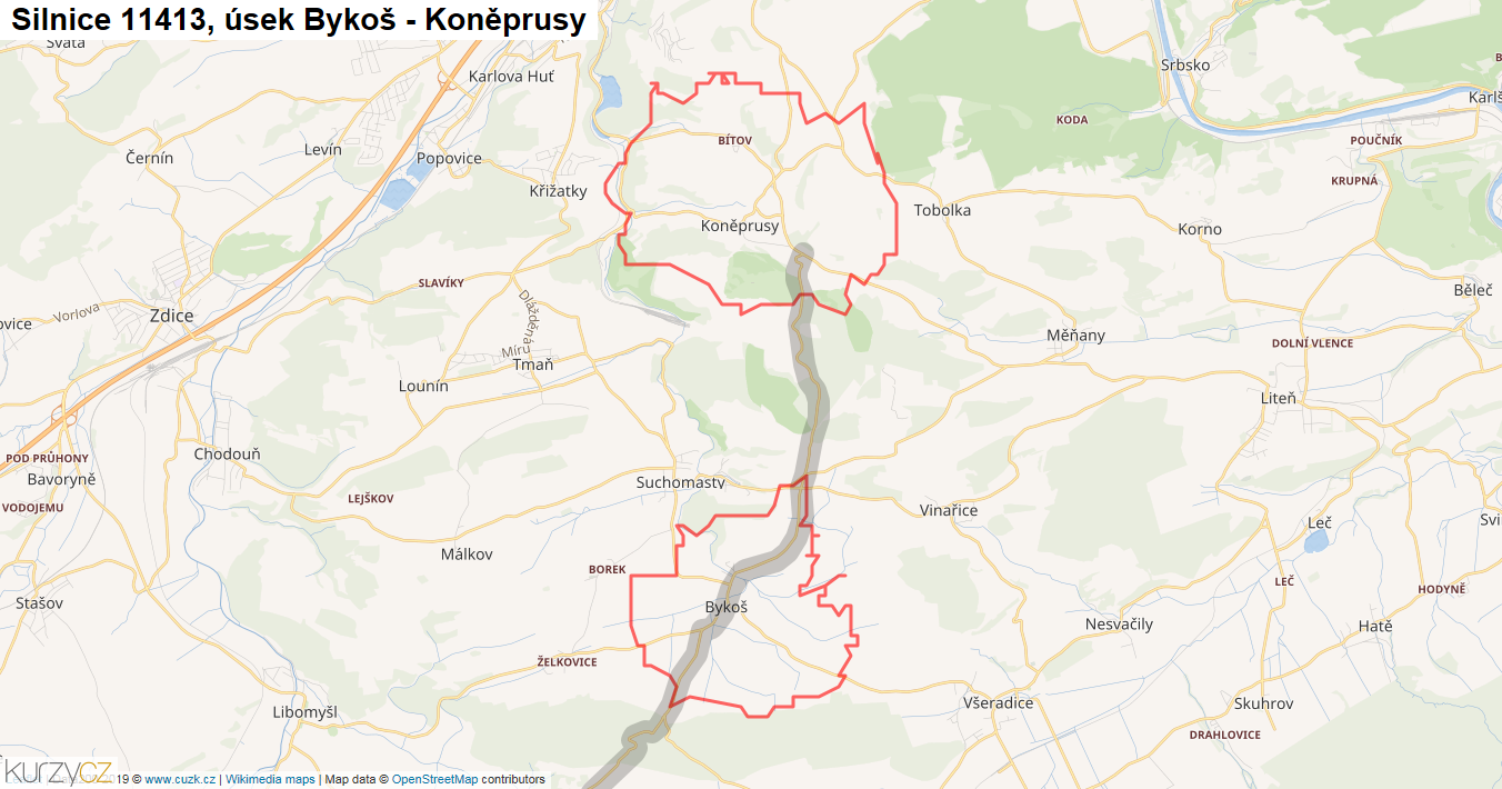 Úsek Bykoš - Koněprusy, Silnice 11413 - Mapa