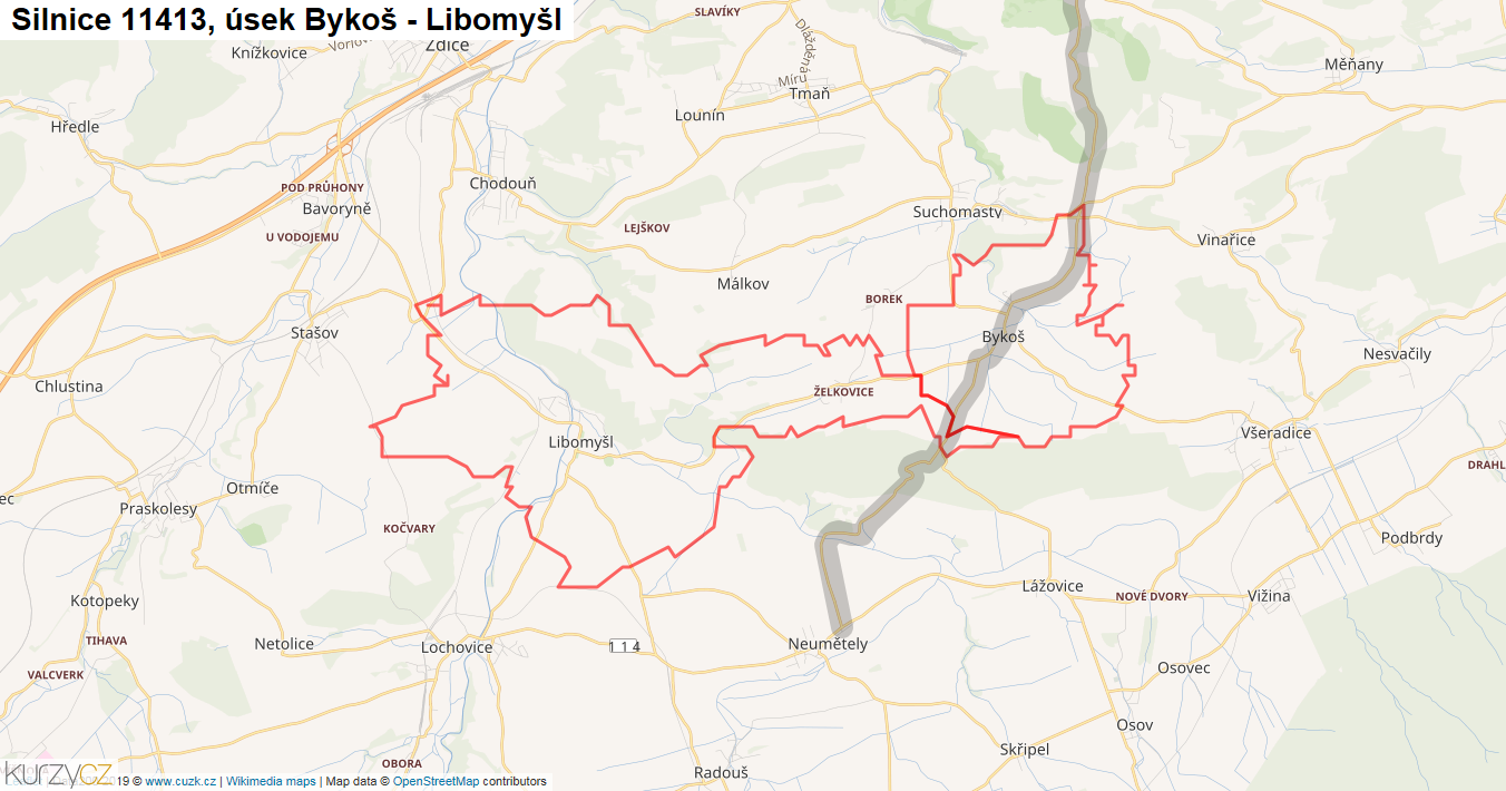 Úsek Bykoš - Libomyšl, Silnice 11413 - Mapa