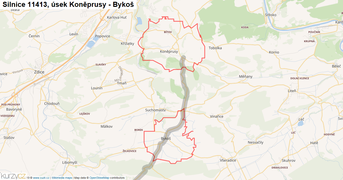 Úsek Koněprusy - Bykoš, Silnice 11413 - Mapa