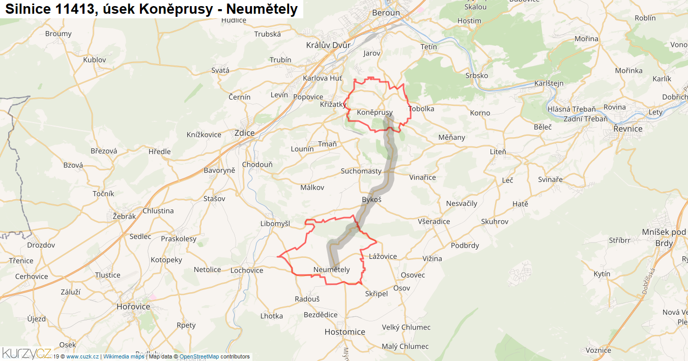 Úsek Koněprusy - Neumětely, Silnice 11413 - Mapa