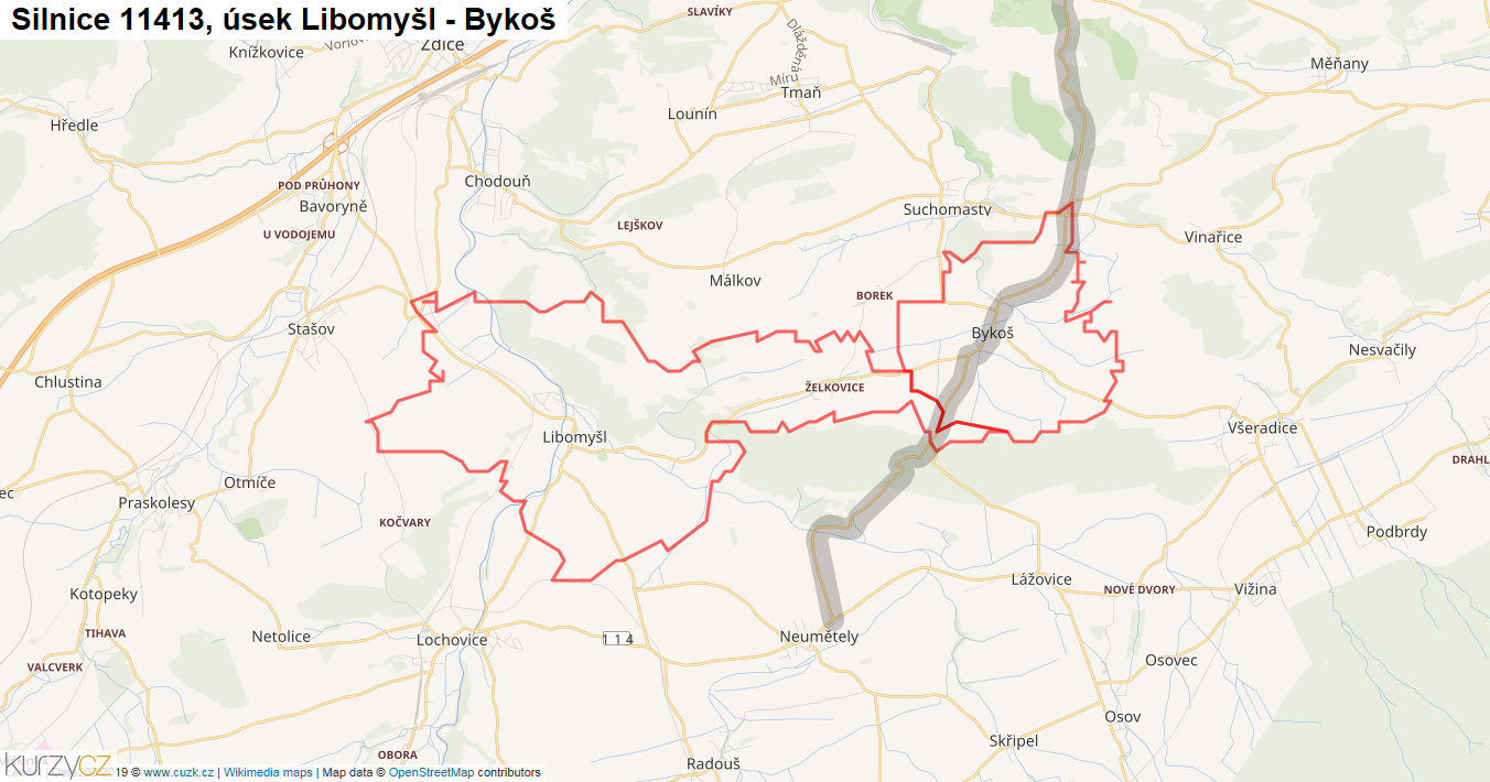Úsek Libomyšl - Bykoš, Silnice 11413 - Mapa