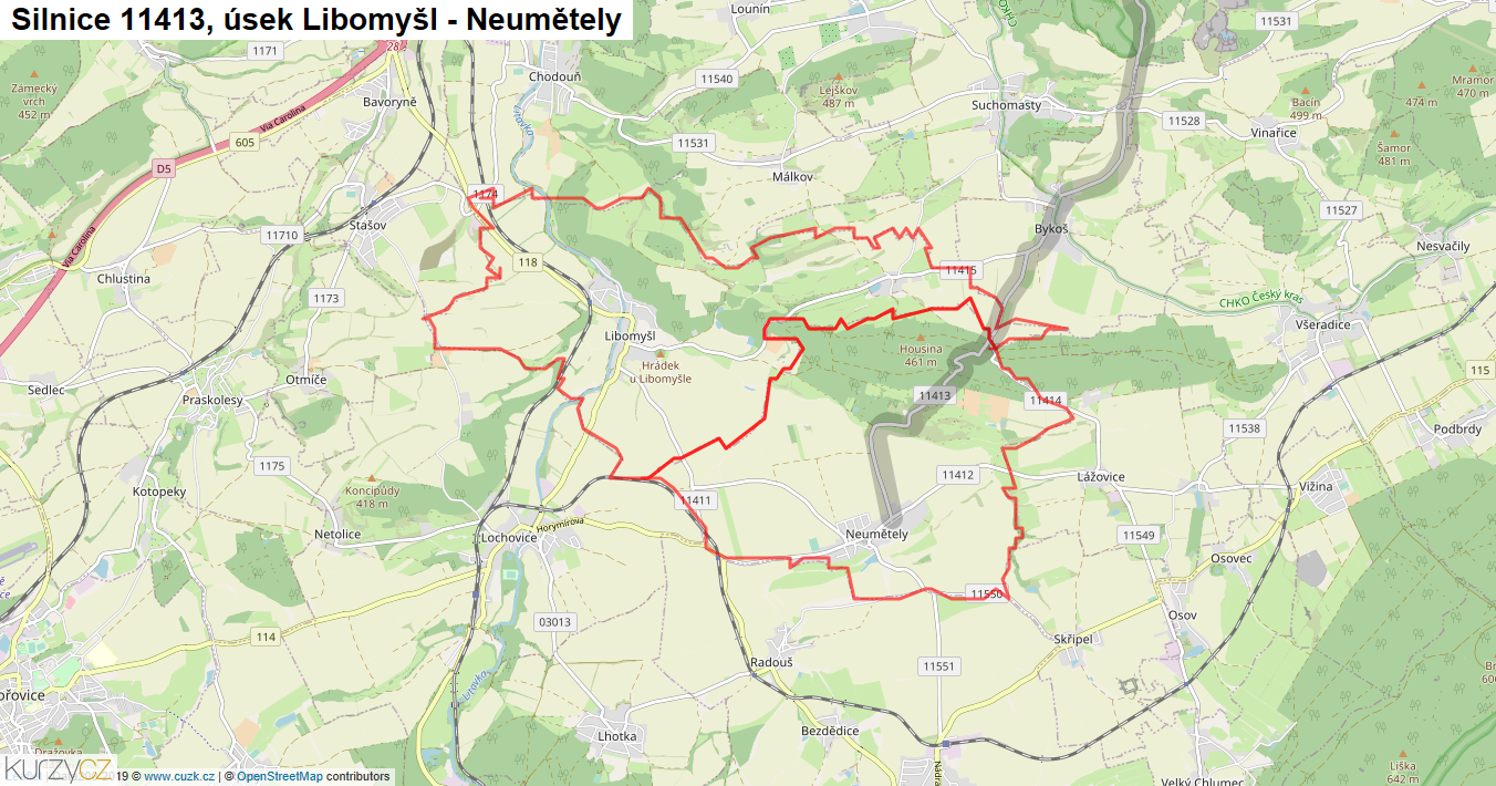 Úsek Libomyšl - Neumětely, Silnice 11413 - Mapa