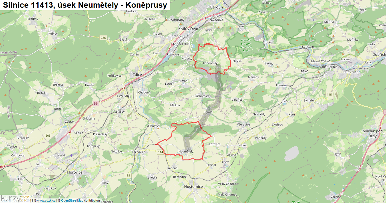Úsek Neumětely - Koněprusy, Silnice 11413 - Mapa