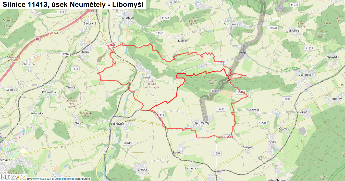 Úsek Neumětely - Libomyšl, Silnice 11413 - Mapa
