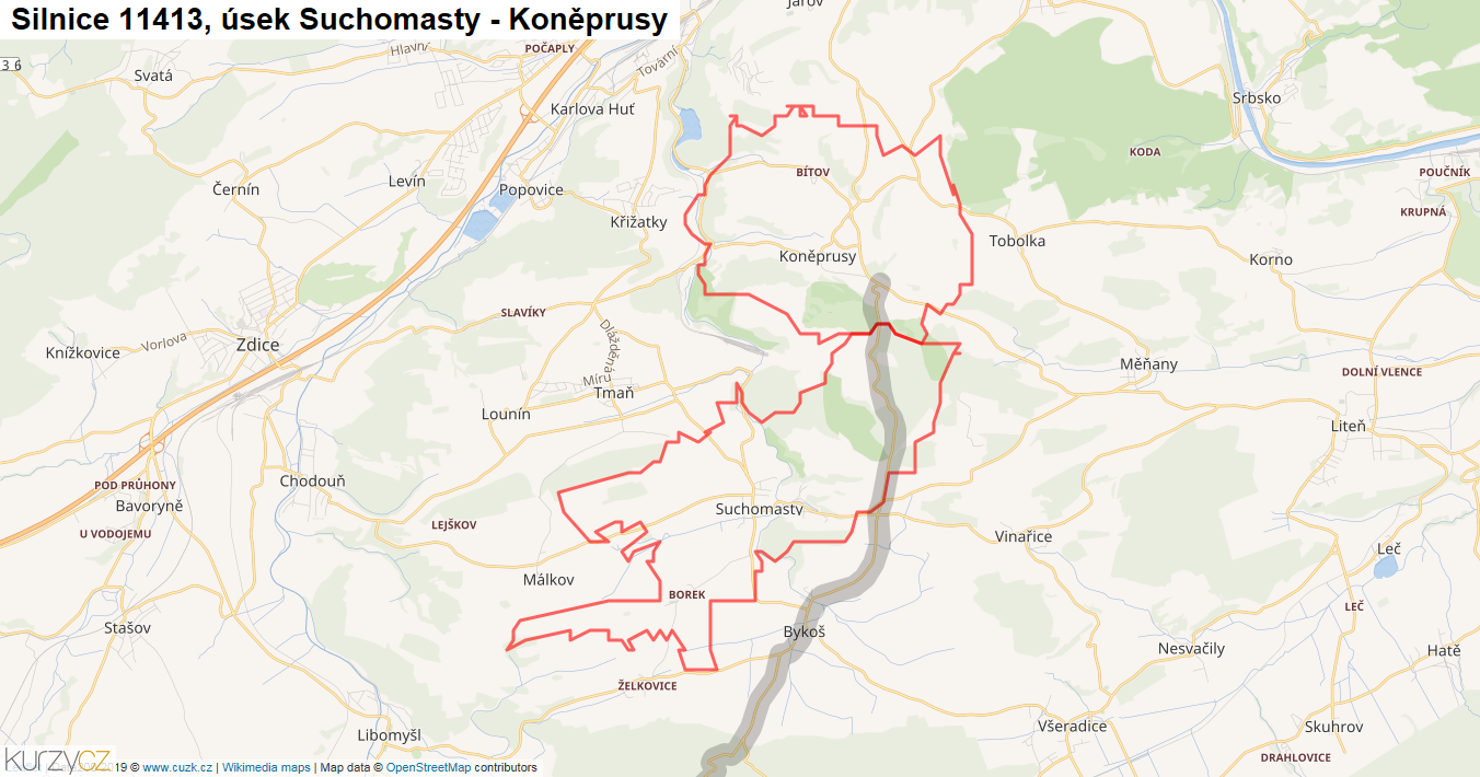 Úsek Suchomasty - Koněprusy, Silnice 11413 - Mapa