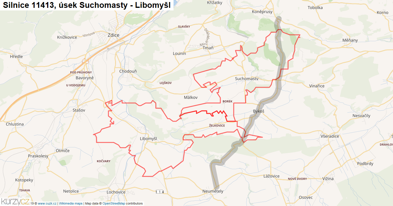 Úsek Suchomasty - Libomyšl, Silnice 11413 - Mapa