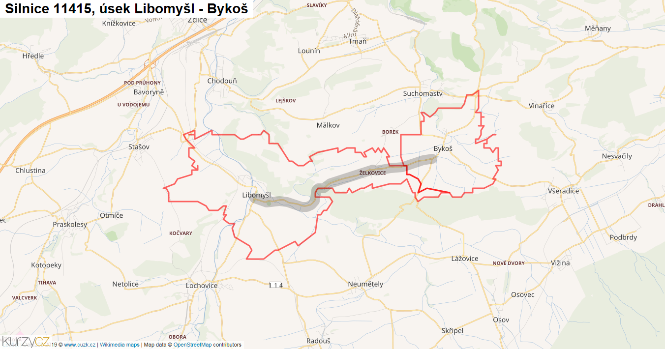 Úsek Libomyšl - Bykoš, Silnice 11415 - Mapa