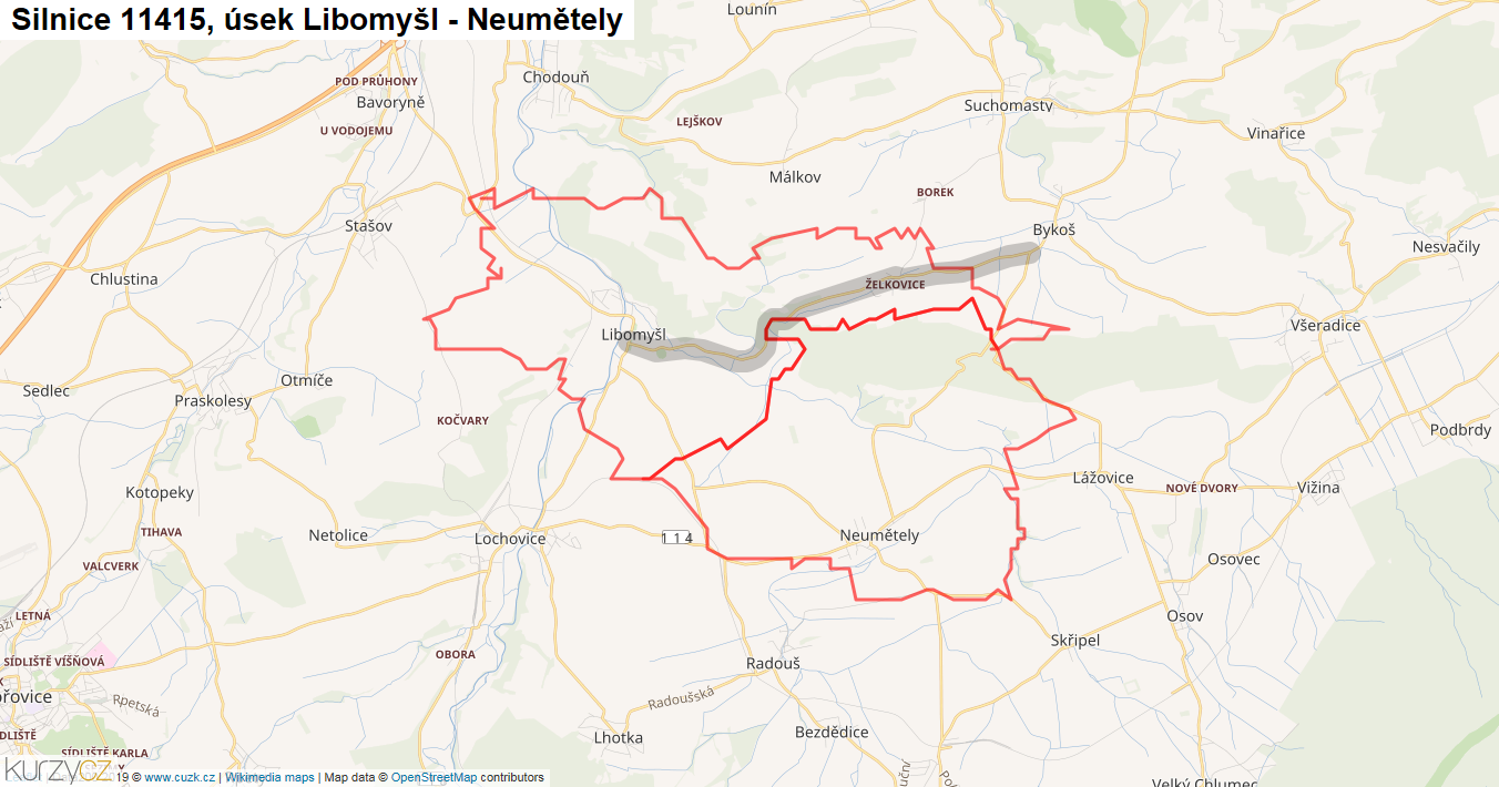 Úsek Libomyšl - Neumětely, Silnice 11415 - Mapa
