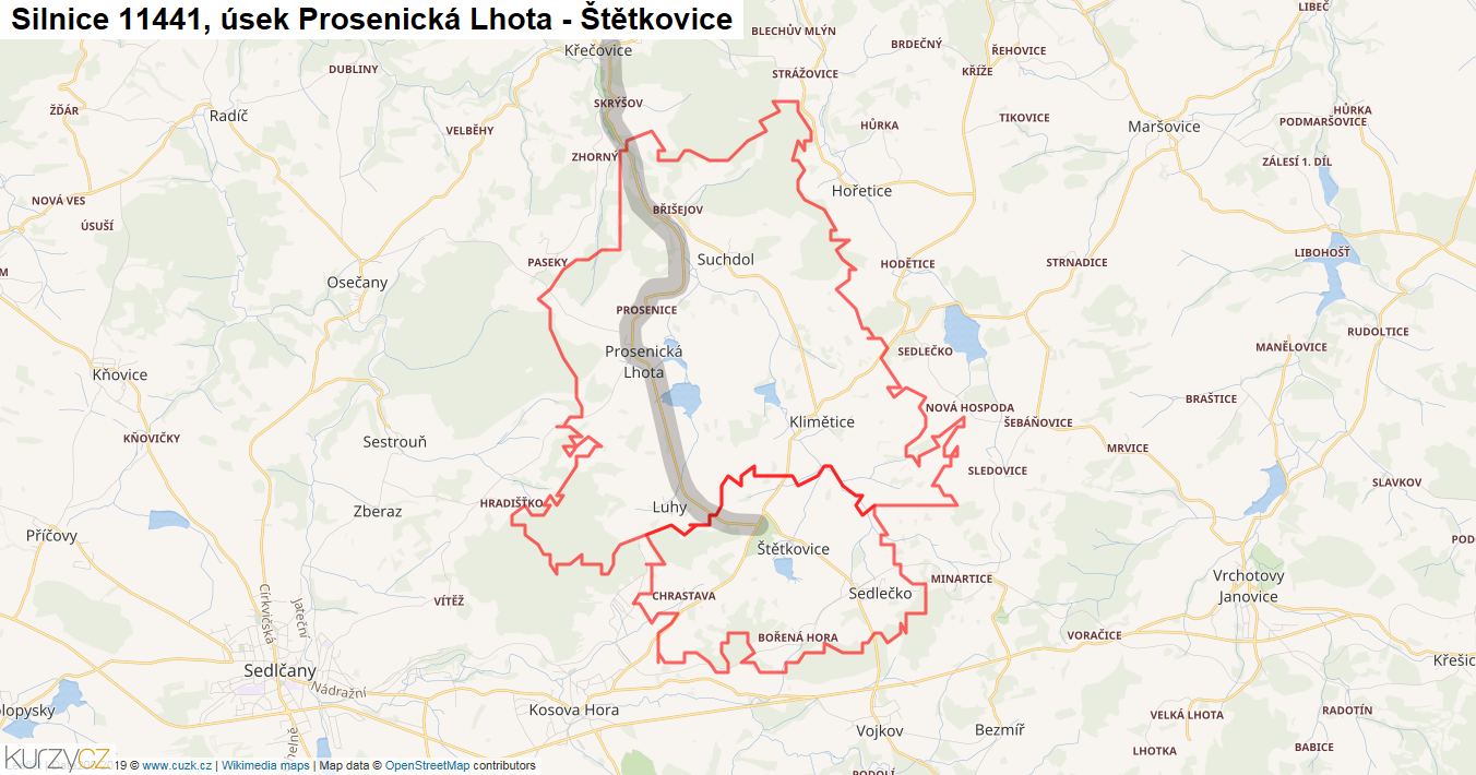 Úsek Prosenická Lhota - Štětkovice, Silnice 11441 - Mapa