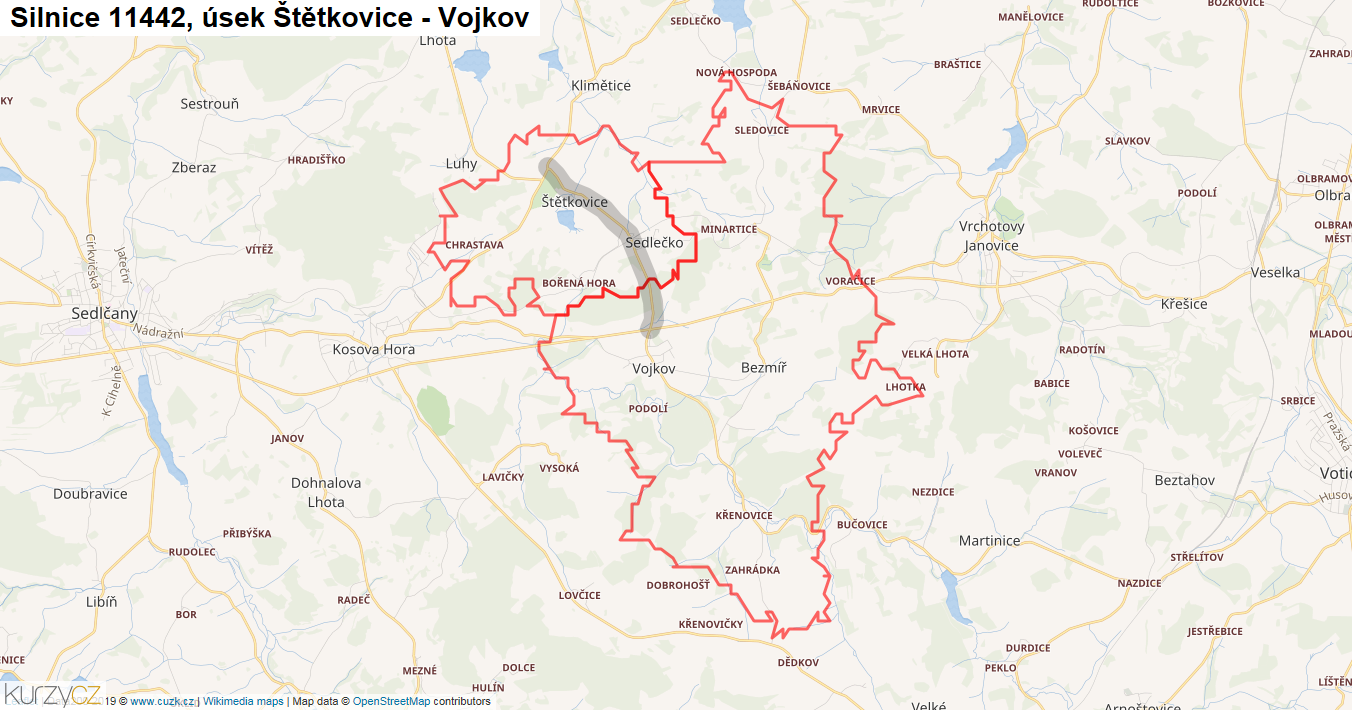 Úsek Štětkovice - Vojkov, Silnice 11442 - Mapa