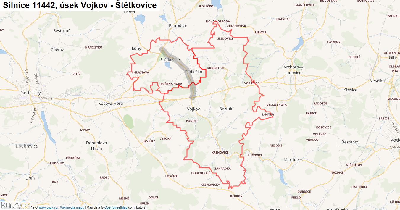 Úsek Vojkov - Štětkovice, Silnice 11442 - Mapa