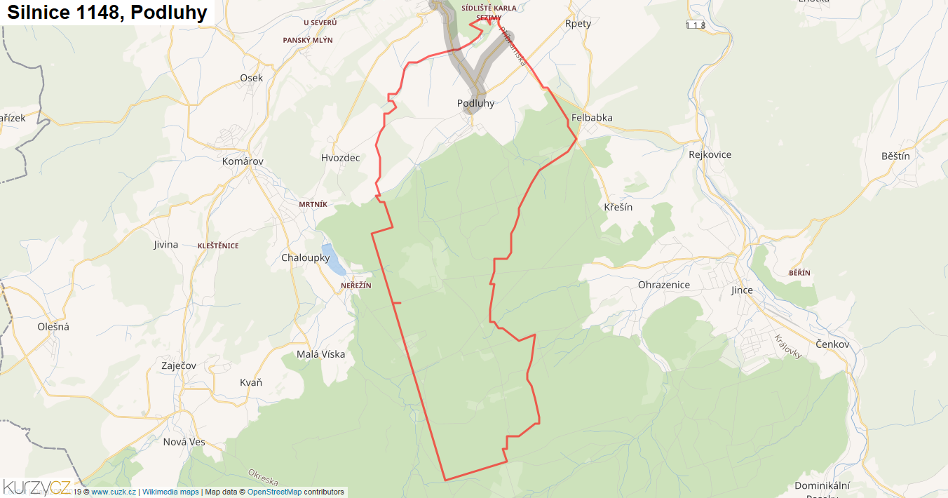 Podluhy, Silnice 1148 - Mapa