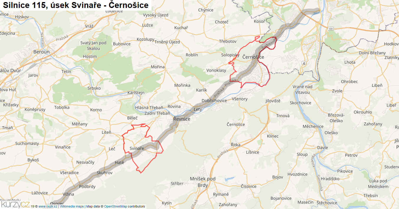 Úsek Svinaře - Černošice, Silnice 115 - Mapa
