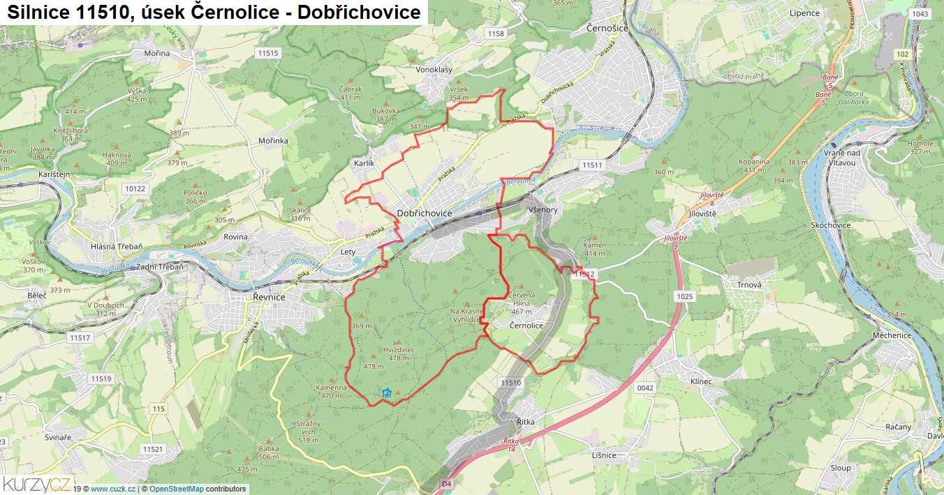 Úsek Černolice - Dobřichovice, Silnice 11510 - Mapa