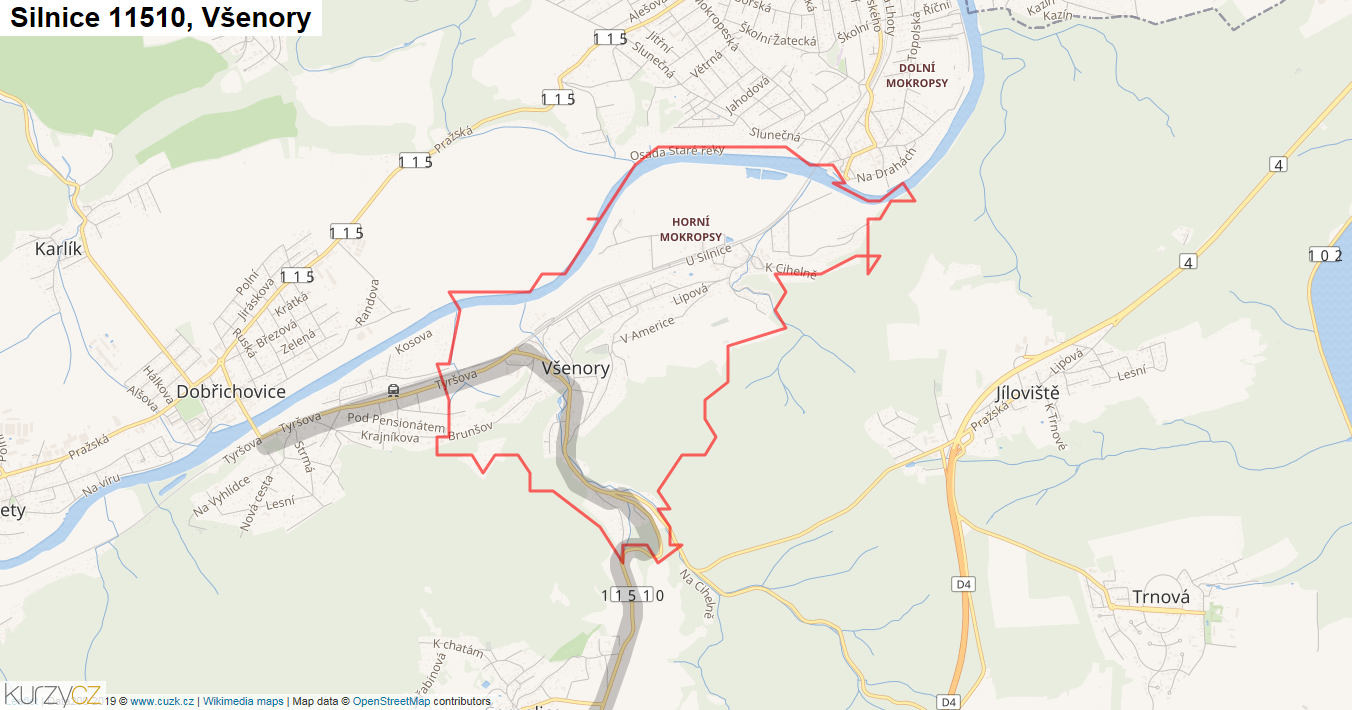 Všenory, Silnice 11510 - Mapa