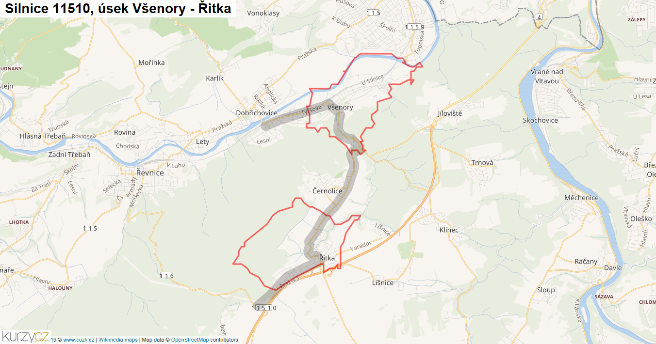 Úsek Všenory - Řitka, Silnice 11510 - Mapa