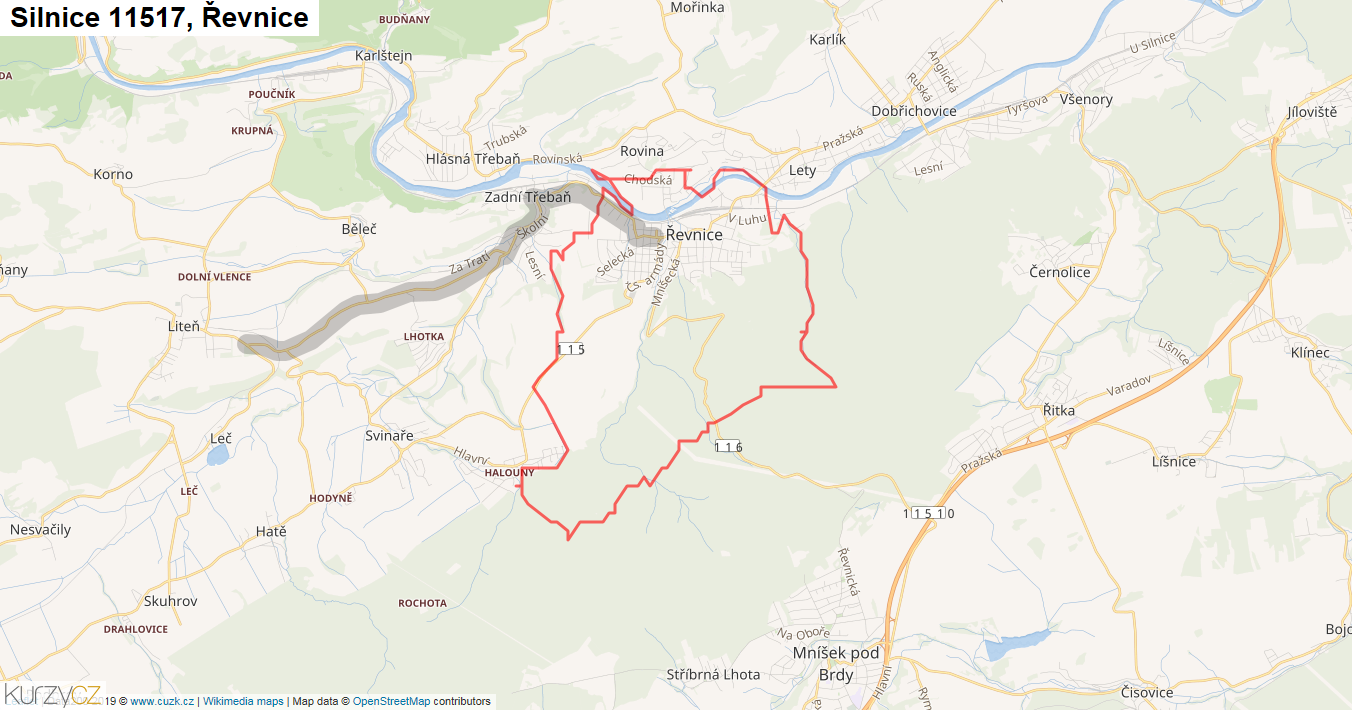 Řevnice, Silnice 11517 - Mapa