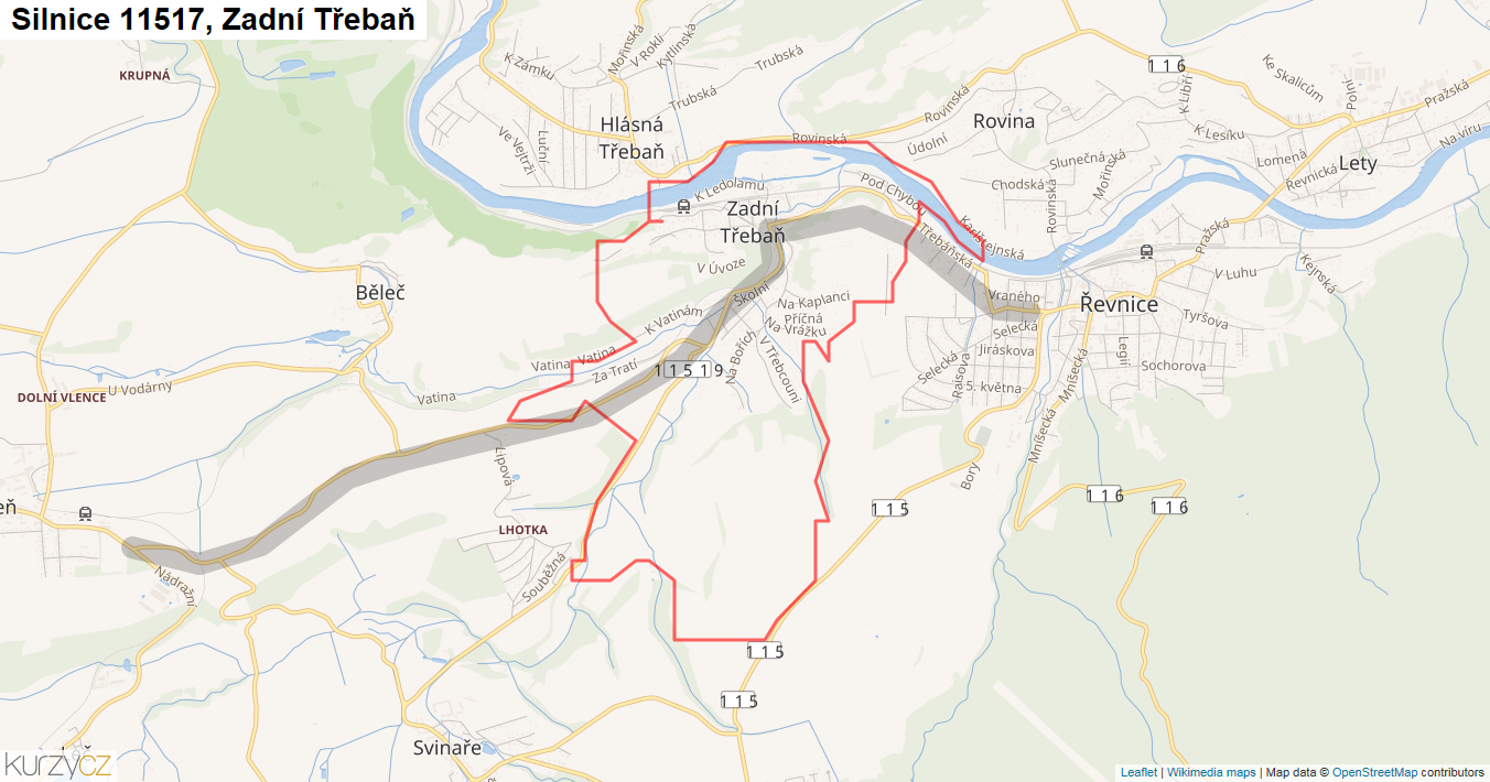 Zadní Třebaň, Silnice 11517 - Mapa