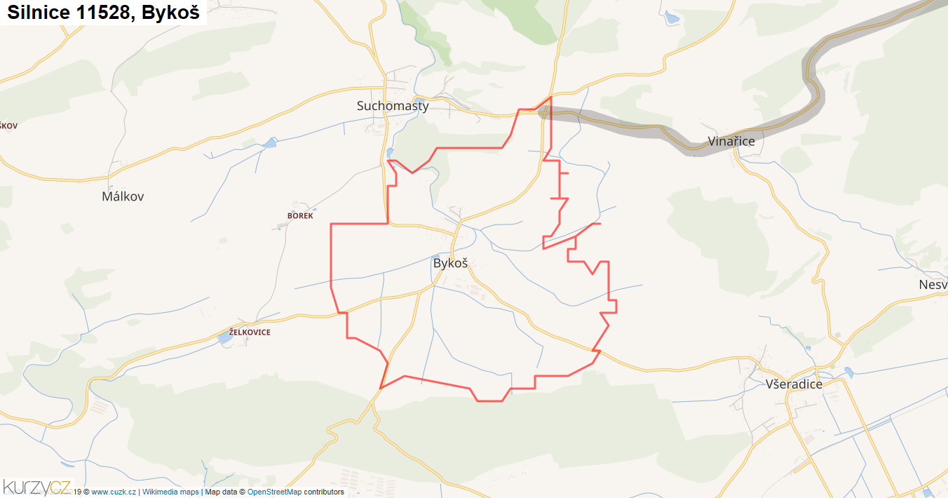 Bykoš, Silnice 11528 - Mapa