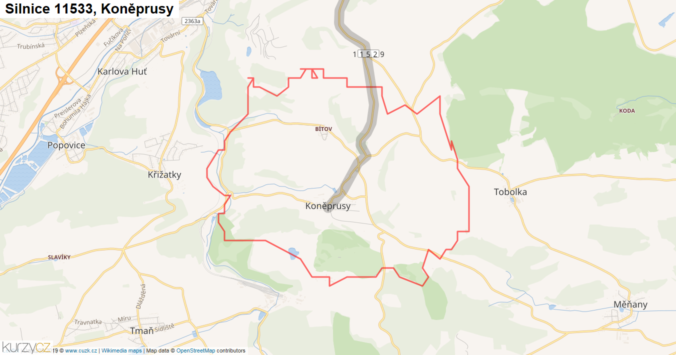 Koněprusy, Silnice 11533 - Mapa