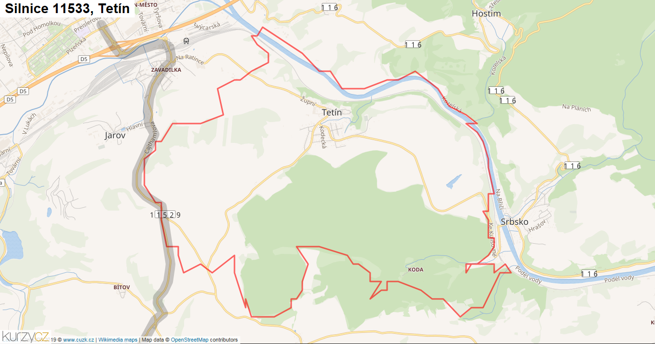Tetín, Silnice 11533 - Mapa