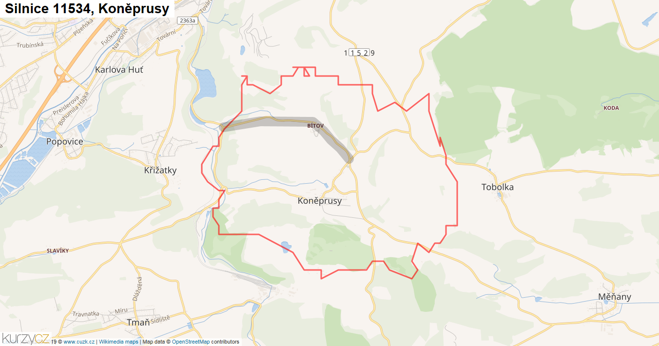 Koněprusy, Silnice 11534 - Mapa