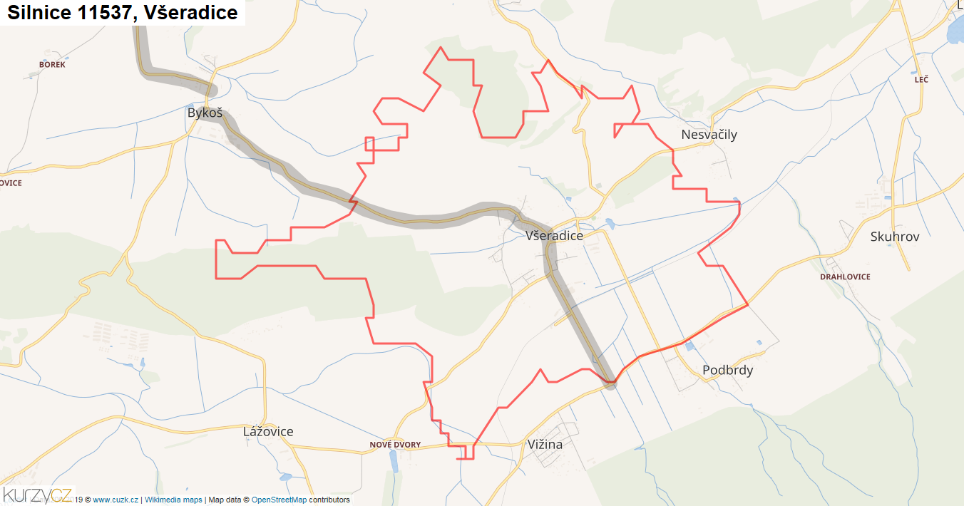 Všeradice, Silnice 11537 - Mapa