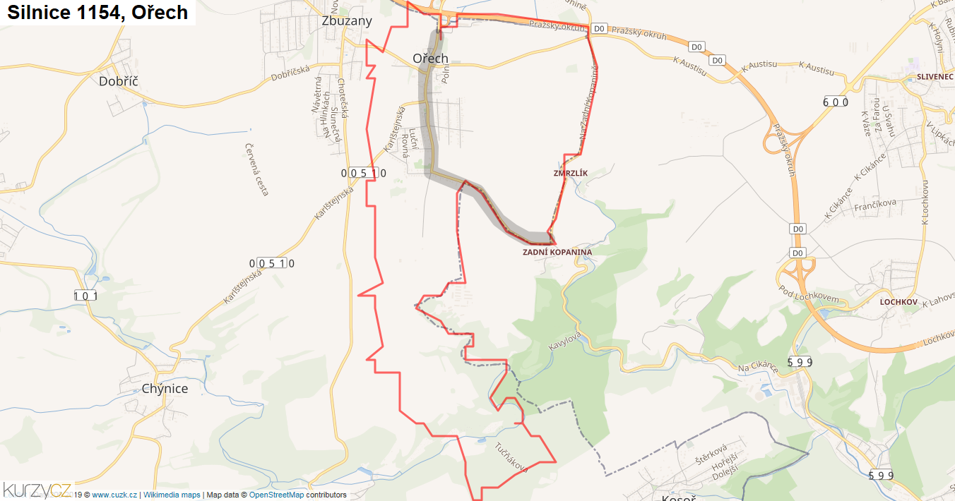 Ořech, Silnice 1154 - Mapa
