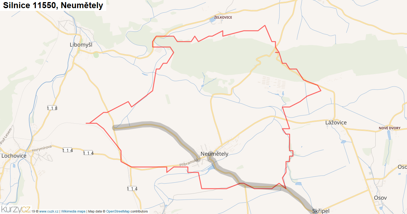 Neumětely, Silnice 11550 - Mapa