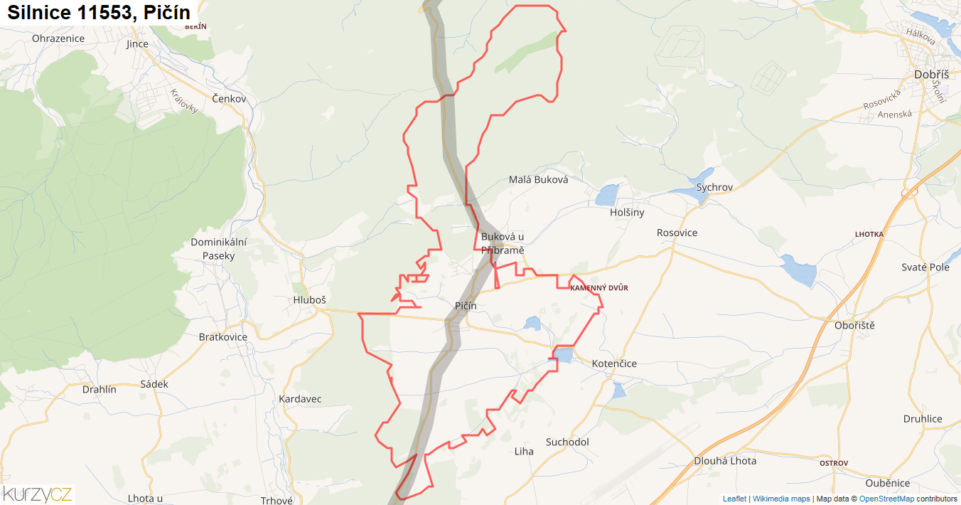 Pičín, Silnice 11553 - Mapa