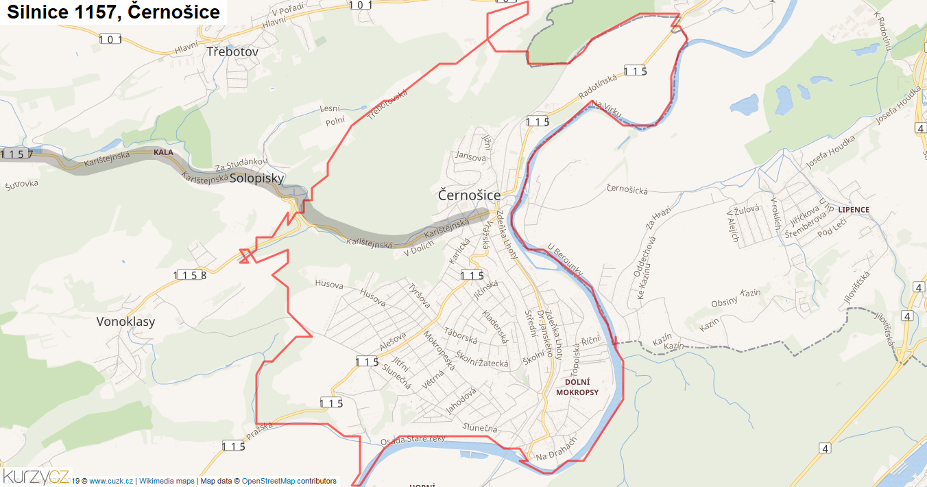 Černošice, Silnice 1157 - Mapa